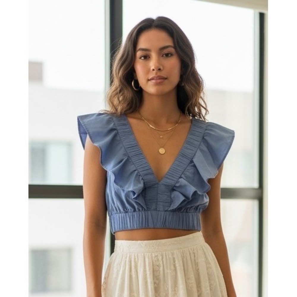 Midnight Sky‎ Blue Ruffle V-Neck Crop Top Smocked Back Tie Cotton Large